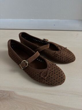 Stradivarius Brown Perforated Flats with Bow Accent